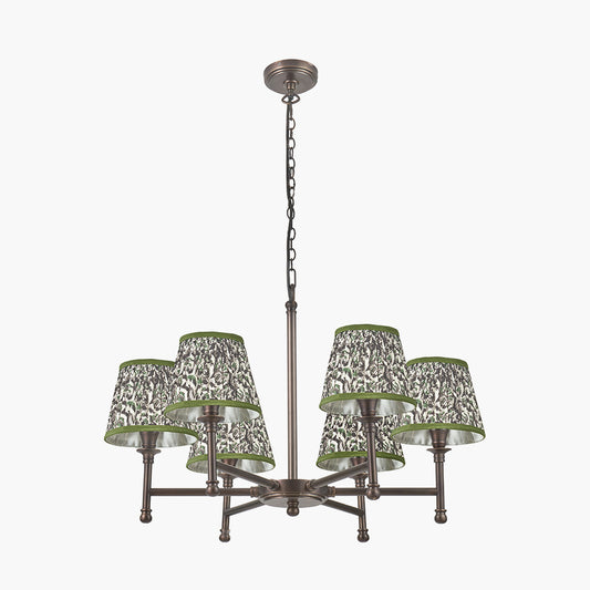 Piero Antique Bronze Metal 6 Arm Pendant with Ornella 16cm Green Floral Design Mushroom Pleat Tapered Lamp Shade