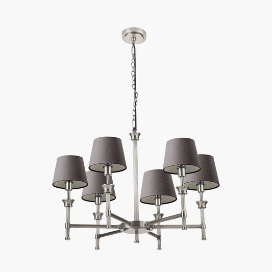 Salvatore Antique Silver Metal 6 Arm Pendant with Pelham 15cm Grey Handloom Tapered Candle Clip Lampshade