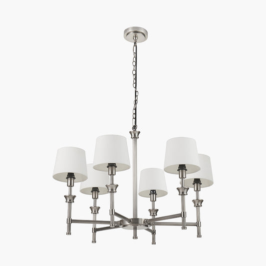 Salvatore Antique Silver Metal 6 Arm Pendant with Pelham 15cm White Handloom Tapered Candle Clip Lampshades