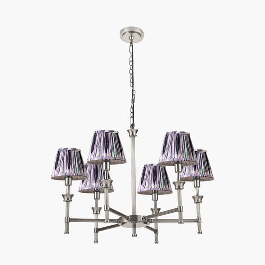 Salvatore Antique Silver Metal 6 Arm Pendant with Izara 16cm Lilac Ikat Patterned Mushroom Pleat Tapered Lampshade
