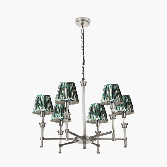 Salvatore Antique Silver Metal 6 Arm Pendant with Izara 16cm Racing Green Ikat Patterned Mushroom Pleat Tapered Lampshade