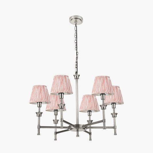Salvatore Antique Silver Metal 6 Arm Pendant with Thiago 16cm Cinnamon Stripe Mushroom Pleat Tapered Lampshade