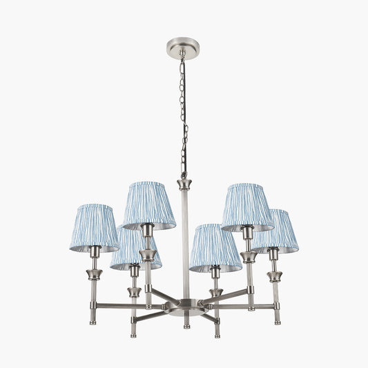 Salvatore Antique Silver Metal 6 Arm Pendant with Thiago 16cm Ocean Blue Stripe Mushroom Pleat Tapered Lampshade