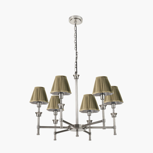 Salvatore Antique Silver Metal 6 Arm Pendant with Malia 18cm Olive Green Mushroom Pleat Scalloped Tapered Lamp Shade