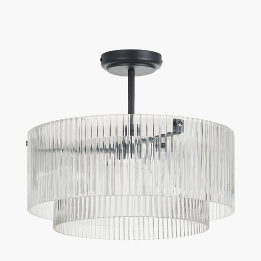 Clara Ribbed Glass Black Metal Round Pendant