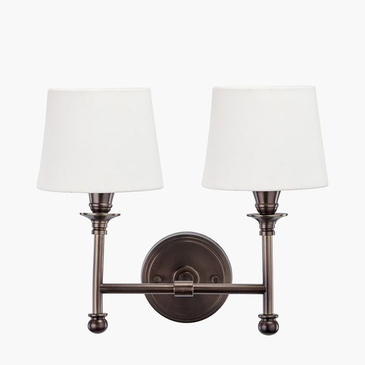 Piero Antique Bronze Metal Double Wall Light with Pelham 15cm White Handloom Tapered Candle Clip Lampshades