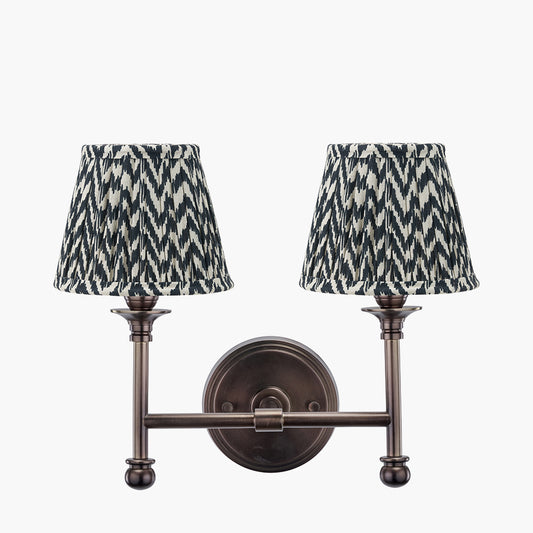 Piero Antique Bronze Metal Double Wall Light with Vienna 16cm Black Chevron Mushroom Pleat Lampshade
