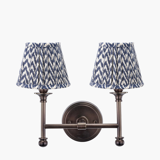 Piero Antique Bronze Metal Double Wall Light with Vienna 16cm Blue Chevron Mushroom Pleat Lampshade
