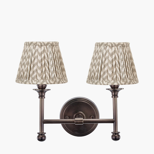 Piero Antique Bronze Metal Double Wall Light with Vienna 16cm Taupe Chevron Mushroom Pleat Lampshade