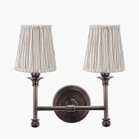 Piero Antique Bronze Metal Double Wall Light with Thiago 14cm Natural Stripe Mushroom Pleat Tall Tapered Candle Clip Lampshade