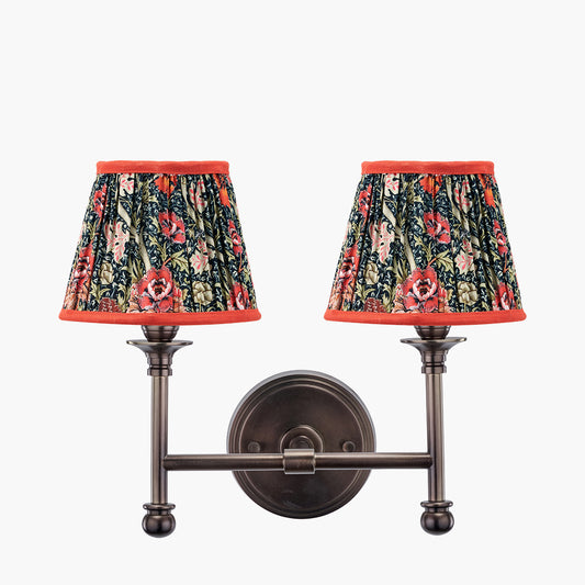 Piero Antique Bronze Metal Double Wall Light with Floressa 16cm Red Floral Patterned Mushroom Pleat Tapered Lamp Shade