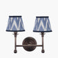 Piero Antique Bronze Metal Double Wall Light with Kamilah 16cm Blue Chevron Patterned Mushroom Pleat Tapered Lamp Shade