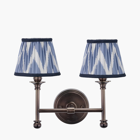 Piero Antique Bronze Metal Double Wall Light with Kamilah 16cm Blue Chevron Patterned Mushroom Pleat Tapered Lamp Shade