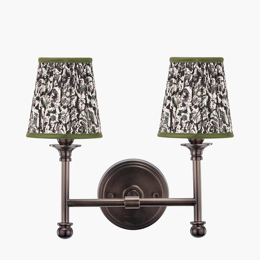 Piero Antique Bronze Metal Double Wall Light with Ornella 14cm Green Floral Design Mushroom Pleat Tall Tapered Candle Clip Lampshade