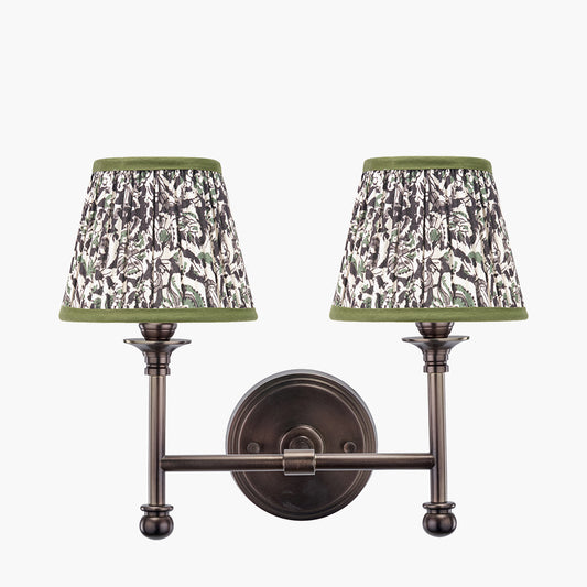 Piero Antique Bronze Metal Double Wall Light with Ornella 16cm Green Floral Design Mushroom Pleat Tapered Lamp Shade