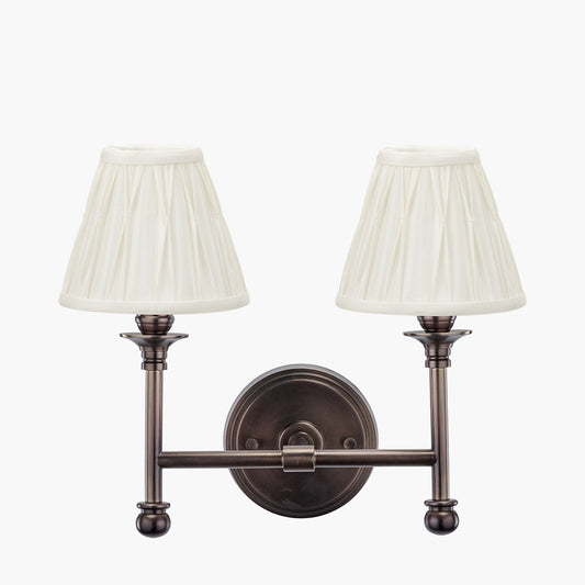 Piero Antique Bronze Metal Double Wall Light with Garbo 15cm Cream Silk Mix Pinch Pleat Tapered Candle Clip Lampshade