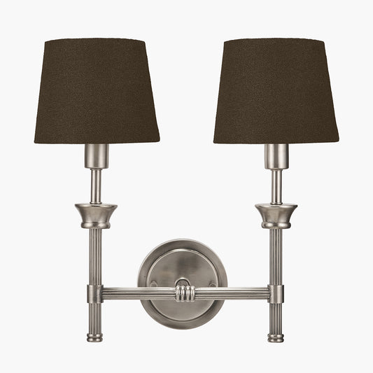 Salvatore Antique Silver Metal Double Wall Light with Pelham 15cm Grey Handloom Tapered Candle Clip Lampshade