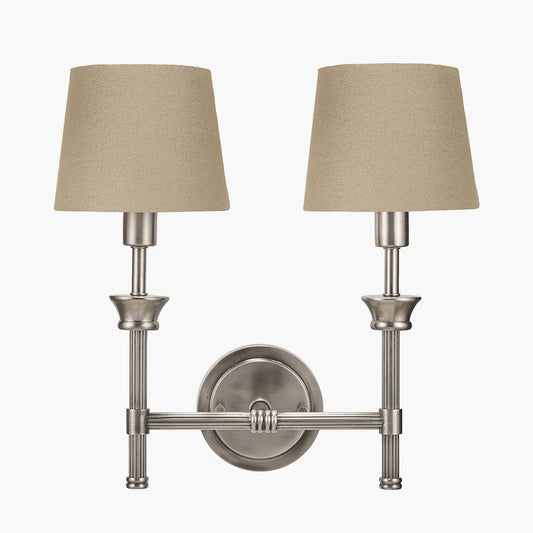Salvatore Antique Silver Metal Double Wall Light with Pelham 15cm Taupe Handloom Tapered Candle Clip Lampshades