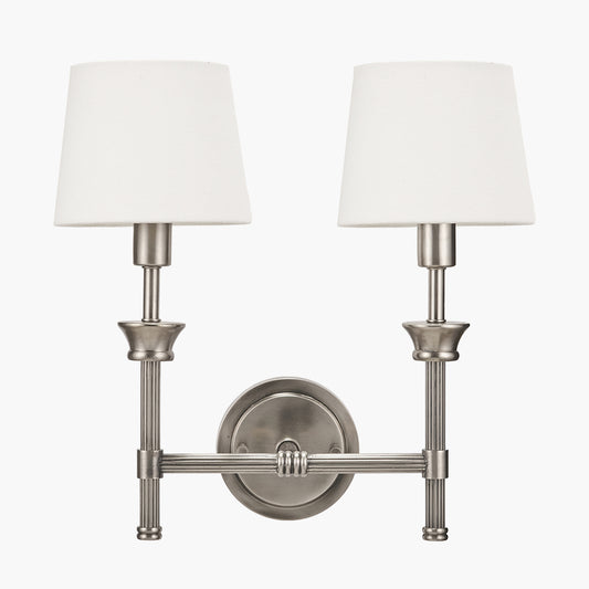 Salvatore Antique Silver Metal Double Wall Light with Pelham 15cm White Handloom Tapered Candle Clip Lampshades