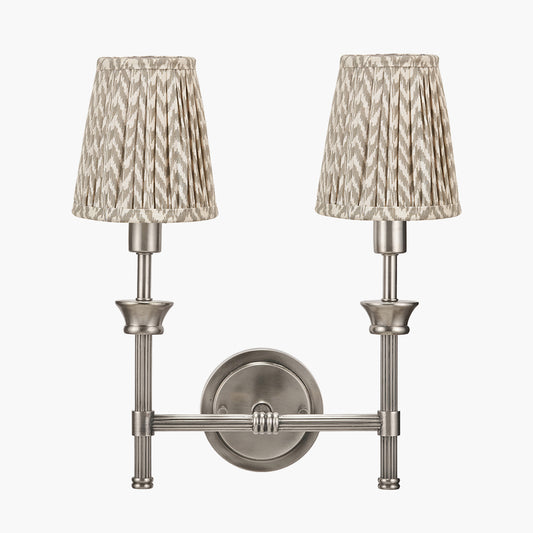 Salvatore Antique Silver Metal Double Wall Light with Vienna 14cm Taupe Chevron Tall Taper Mushroom Pleat Candle Clip Lampshade