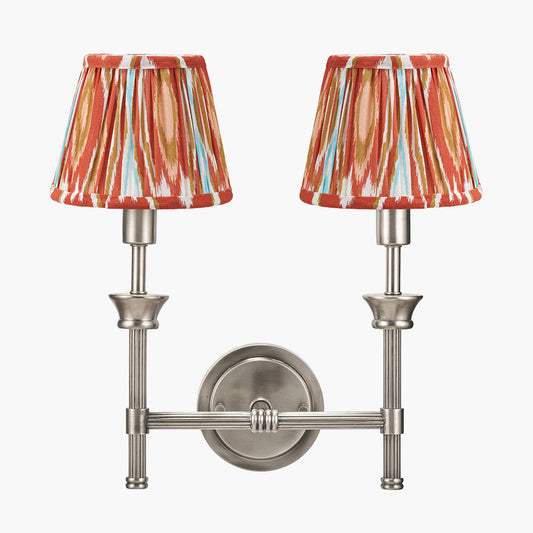 Salvatore Antique Silver Metal Double Wall Light with Izara 16cm Cinnamon Ikat Patterned Mushroom Pleat Tapered Lampshade