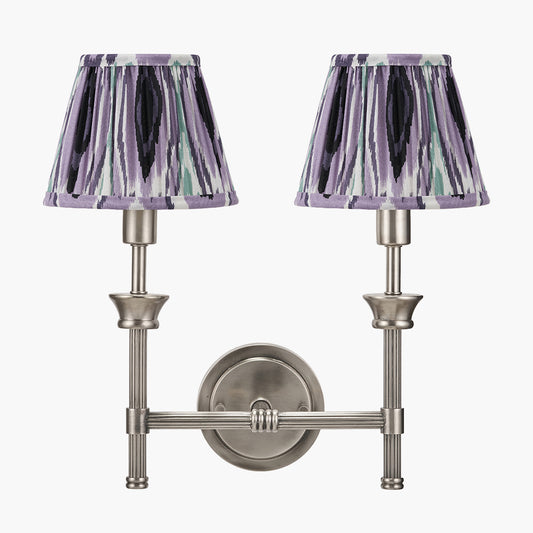 Salvatore Antique Silver Metal Double Wall Light with Izara 16cm Lilac Ikat Patterned Mushroom Pleat Tapered Lampshade