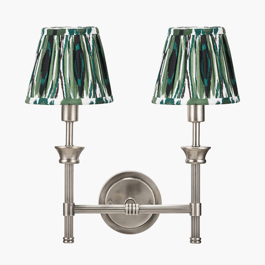 Salvatore Antique Silver Metal Double Wall Light with Izara 16cm Racing Green Ikat Patterned Mushroom Pleat Tapered Lampshade