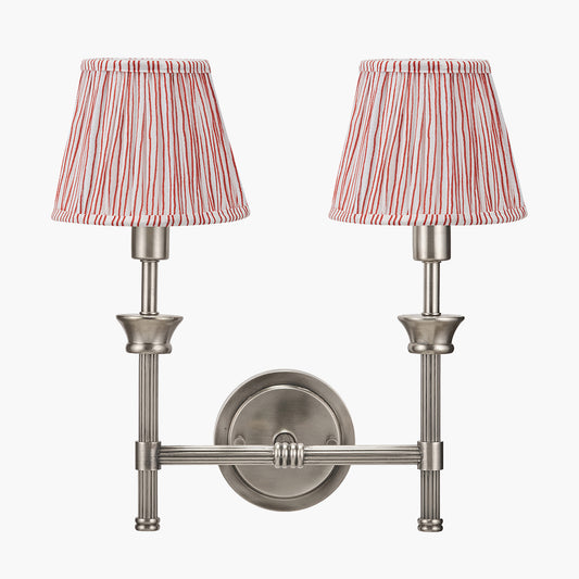 Salvatore Antique Silver Metal Double Wall Light with Thiago 16cm Cinnamon Stripe Mushroom Pleat Tapered Lampshade
