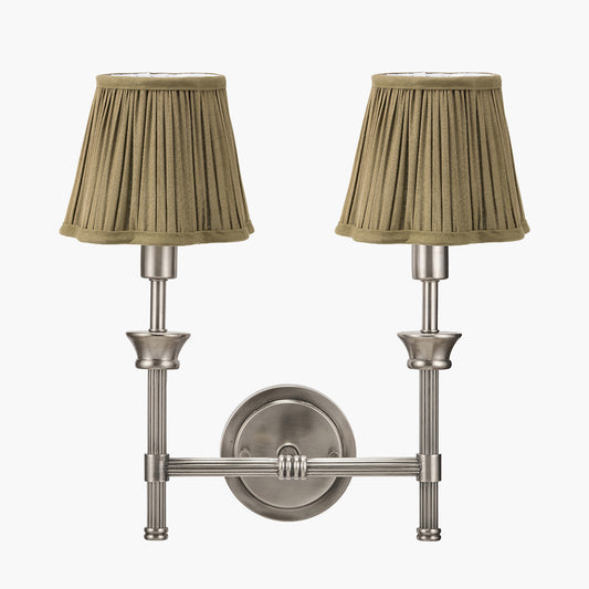 Salvatore Antique Silver Metal Double Wall Light with Malia 18cm Olive Green Mushroom Pleat Scalloped Tapered Lamp Shade