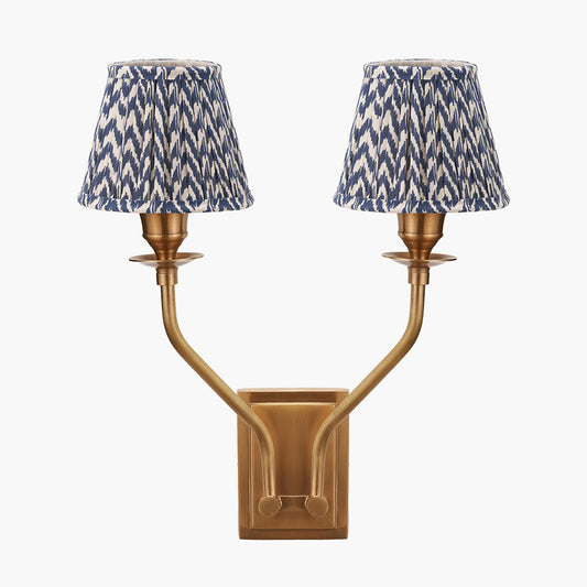 Tatiana Antique Brass Metal Double Wall Light with Vienna 16cm Blue Chevron Mushroom Pleat Lampshade