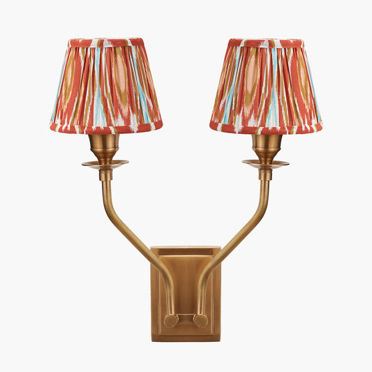 Tatiana Antique Brass Metal Double Wall Light with Izara 16cm Cinnamon Ikat Patterned Mushroom Pleat Tapered Lampshade