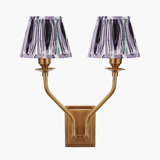 Tatiana Antique Brass Metal Double Wall Light with Izara 16cm Lilac Ikat Patterned Mushroom Pleat Tapered Lampshade