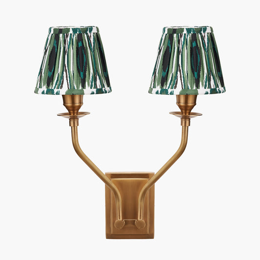 Tatiana Antique Brass Metal Double Wall Light with Izara 16cm Racing Green Ikat Patterned Mushroom Pleat Tapered Lampshade