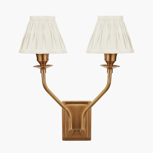 Tatiana Antique Brass Metal Double Wall Light with Garbo 15cm Cream Silk Mix Pinch Pleat Tapered Candle Clip Lampshades