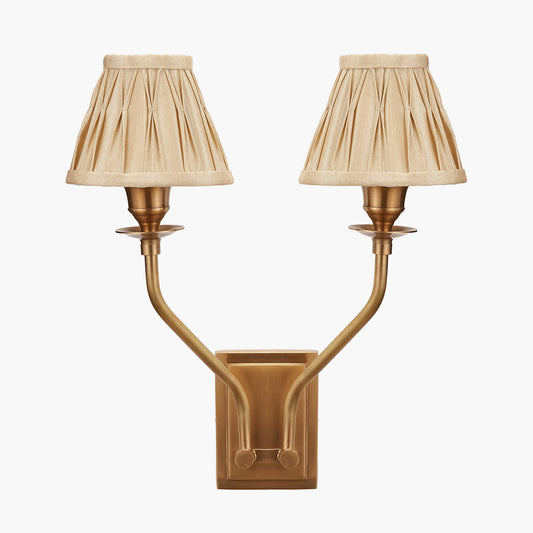Tatiana Antique Brass Metal Double Wall Light with Garbo 15cm Gold Silk Mix Pinch Pleat Tapered Candle Clip Lampshades