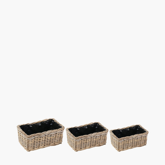 Tobs S/3 Indoor Outdoor Grey Kubu Rattan Rectangular Basket Planters