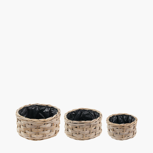 Tobs S/3 Indoor Outdoor Grey Kubu Rattan Triple Weave Round Basket Planters