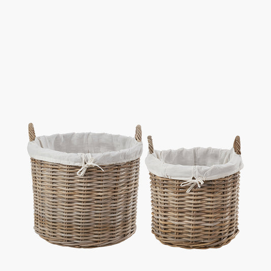 Tobs S/2 Grey Kubu Rattan Lined Round Log Baskets