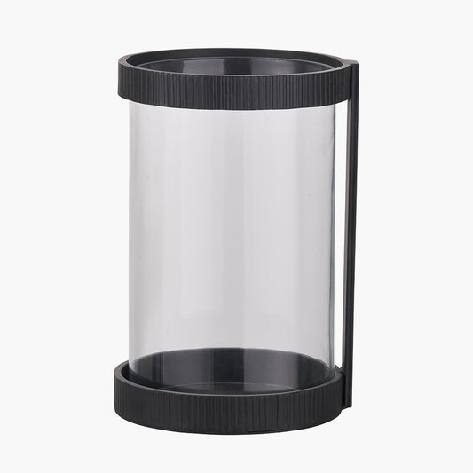 Black Ribbed Metal and Clear Glass Hurricane Large