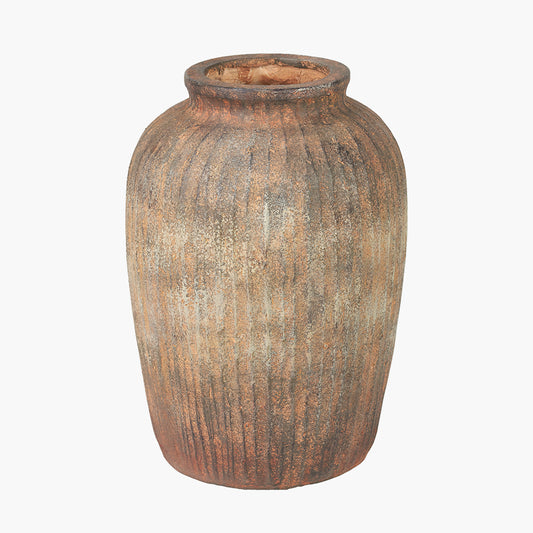 Rustic Brown Fibrestone Vertical Ribbed Decorative Vase Tall