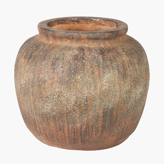 Rustic Brown Fibrestone Vertical Ribbed Decorative Vase Round