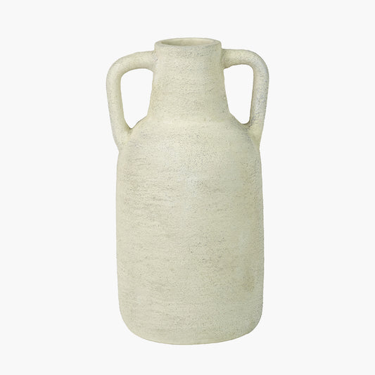 White Textured Terracotta Decorative Vase with Handles Large