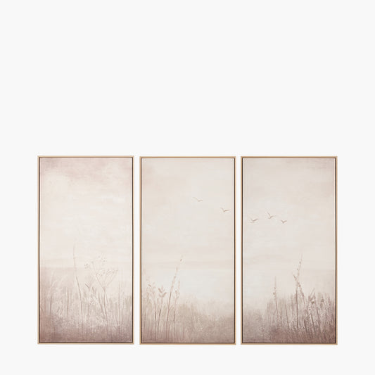 S/3 Natural and White Landscape Canvases with Natural Frames