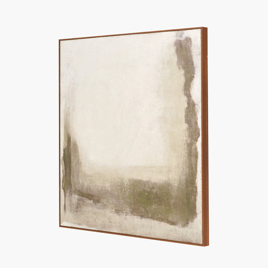 Green and Natural Abstract Square Hessian Canvas with Oak Effect Frame