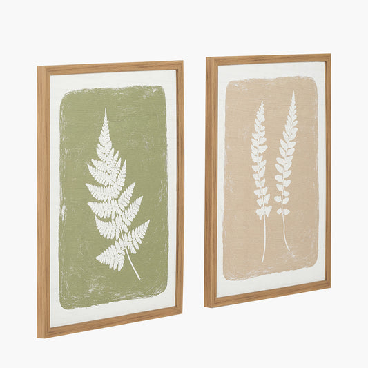 S/2 Green and Natural Fern Canvas Wall Art with Natural Frames