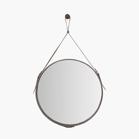 Peppercorn Leather Frame Round Wall Mirror