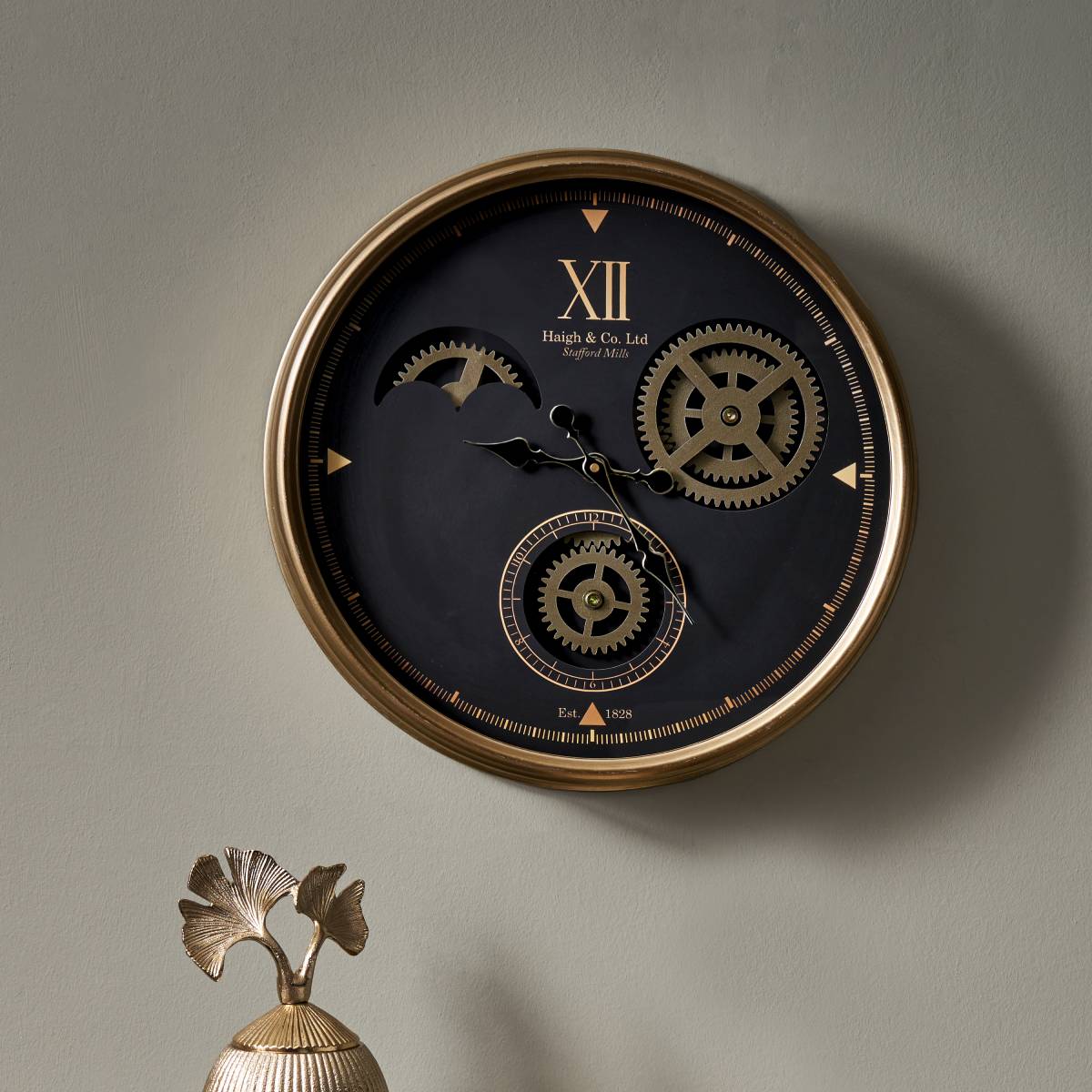Black and Champagne Metal Cogs Wall Clock