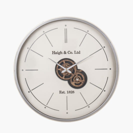 Ivory and Silver Wood Working Cog Wall Clock