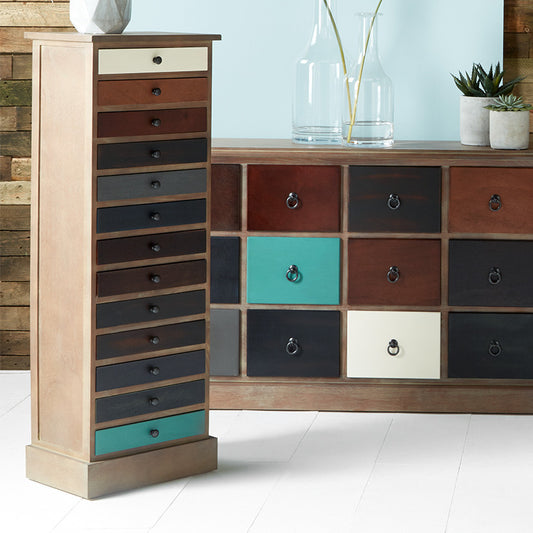 Loft Blue Multicoloured Pine Wood 13 Drawer Unit