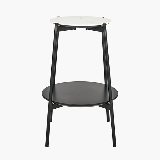Marchello White Marble Veneer and Black Metal Side Table